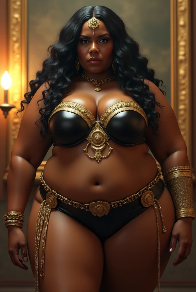 arafed woman in a black bikini and gold chains posing, epic 3 d oshun, inspired by Hedi Xandt, exaggeratedly large physique, black latex sculpt, cinematic goddess body shot, indian goddess, artstation masterpiece, intricate latex set, thick body, thicc, muscular girl, persian queen, goddess. extremely high detail, heavy vignette!
