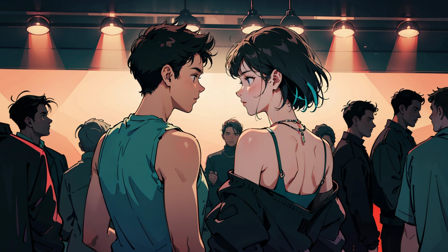 Upper body shot of a sultry, heartbroken young woman in a Tokyo summer nightclub, positioned left. She's turning towards the camera, face showing melancholy and defiance. Wearing a revealing, slightly disheveled tank top, reflecting neon lights. Tousled hair from dancing. Right side and background filled with faceless silhouettes and partial bodies of clubgoers in tank tops and short sleeves, seen from behind or in profile. Moody, electric atmosphere with pulsing lights. Her alluring isolation emphasized amidst the busy, anonymous summer crowd