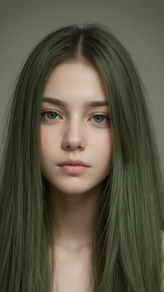 face portrait. a girl. european. half-closed eyes. green eyes. oval face. delicate features. long face. long straight hair. messy hair. green hair. sad. scared. shy. looking
