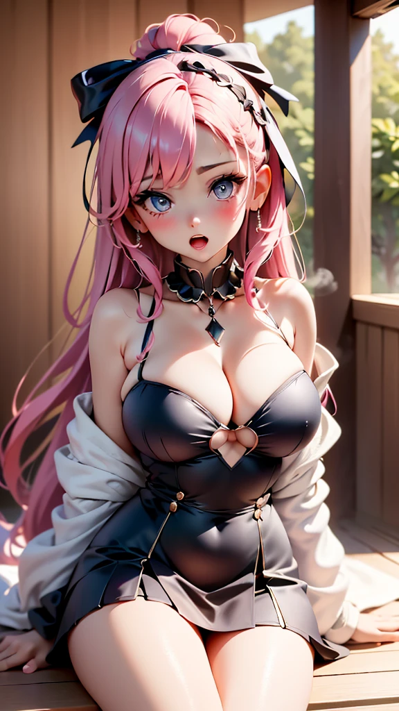 1girl, ai-generated, low-tied long hair, clothing cutout, off-shoulder, pink hair, swept bangs, towel around neck, (large breasts), hair bow, sauna scenery, steaming body, blushing, open mouth,
(masterpiece:1.2), (best quality:1.2), (very aesthetic:1.2), (absurdres:1.2), (detailed background),newest,AddXL, safe