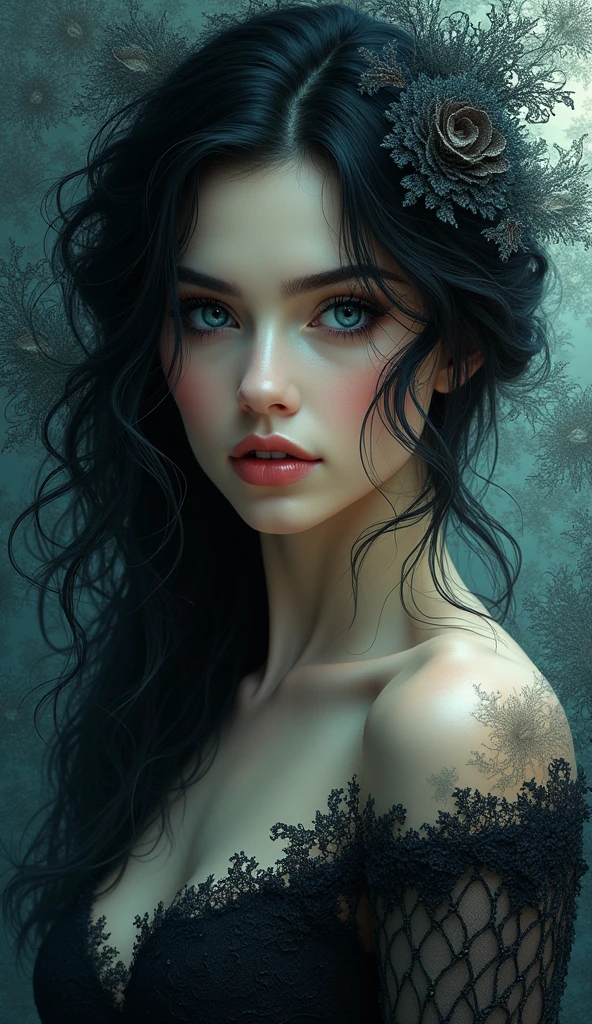 A mysterious beauty with dark, wavy locks and a smoldering stare, framed by delicate lace patterns and fractal designs.