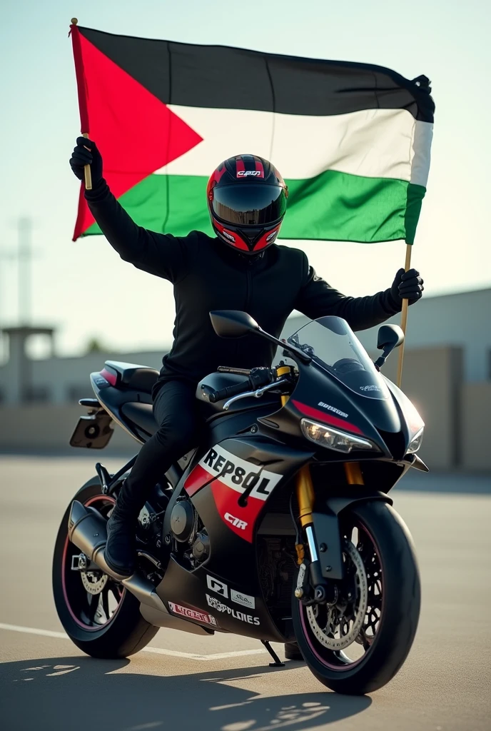 A man in black sits on a Repsol CBR motorbike holding a Palestinian flag