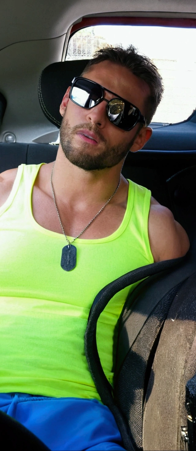 There is a shirtless man sitting in a car., Exhausting Shirtless, Exhausting Shirtless, grueling tank top, Exhausting a muscle sexy man, Exhausting Shirtless en ropa interior, exhausting vest top, Exhausting tight shirt, tight black ropa interior, shirtless touching his penis.