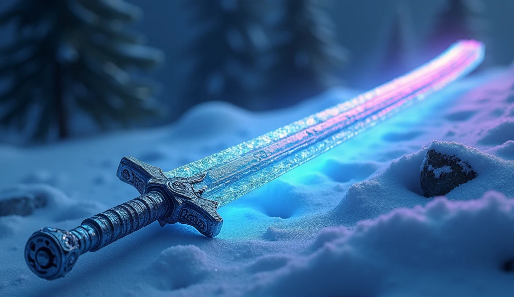 8k resolution、Ultra HD、１The long sword of the book、A sword large enough for a human to hold、Realistic、With icy blue reflections. The handle is very elegantly decorated、It&#39;s like it&#39;s made of ice. The top of the blade has bear paw prints engraved on it.、Snow Mountain、The sheath is long、The sword is on the ground、night、Radiant、Rare Items、The sword emits a purple miasma.