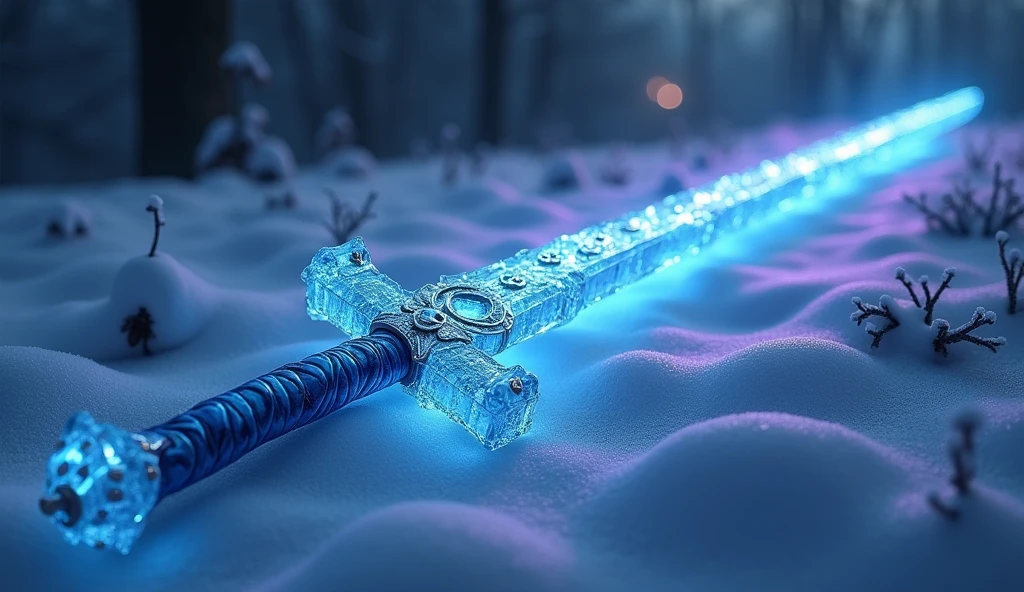 8k resolution、Ultra HD、1The long sword of the book、A sword large enough for a human to hold、Realistic、With icy blue reflections. The handle is very elegantly decorated、It's like it's made of ice. The top of the blade has bear paw prints engraved on it.、Snow Mountain、The sheath is long、The sword is on the ground、night、Radiant、Rare Items、The sword emits a purple miasma.