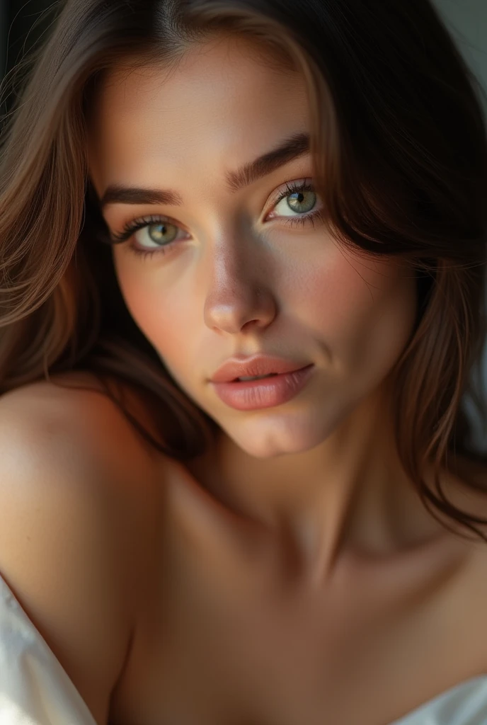 femme réaliste texture de peau détaillée, Beaux traits du visage, long cils, lèvres brillantes, doigts délicats, silhouette élégante, literie de luxe en soie, éclairage doux, composition cinématographique, Couleurs vives, Photoréaliste, 8k, Haute qualité