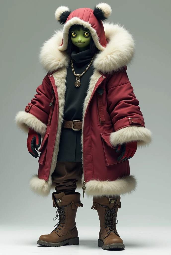 A drone with green eyes And wearing an ear-flap hat, tall fur-lined boots, a black turtleneck, and a large fur-lined maroon coat with a white fur hood with black tips, large sleeves that narrow into fluffy fur cuffs, red fingerless gloves