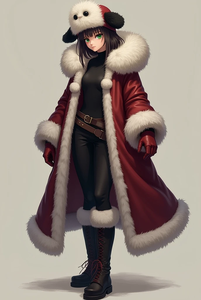 A drone with green eyes And wearing an ear-flap hat, tall fur-lined boots, a black turtleneck, and a large fur-lined maroon coat with a white fur hood with black tips, large sleeves that narrow into fluffy fur cuffs, red fingerless gloves