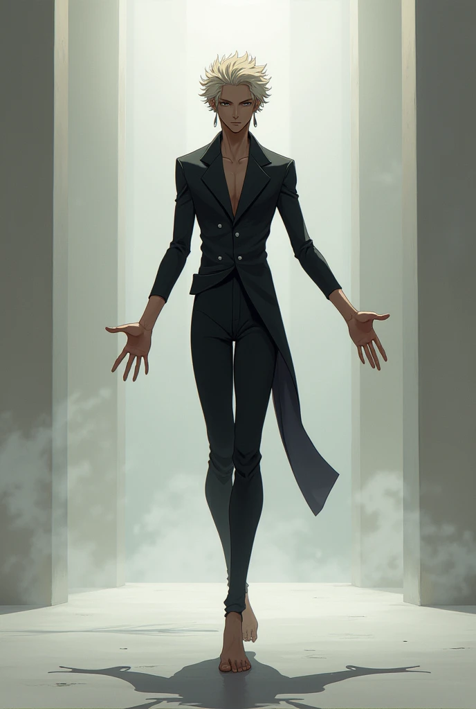 a thin but not very thin guy stands in an unusual rhythmic pose as if in zero gravity in anime style ,looks at us in the style of the game IDENTITY 5
