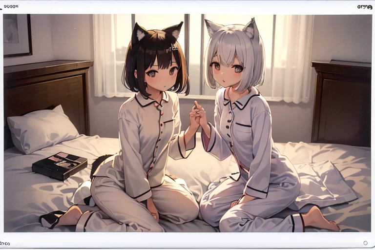 (Printed Polaroid Photo\(2females および2人の女の子 cute,cute　Five fingers　Five fingers　Small wolf ears　Small wolf ears　White Shorthair　Brown short hair　Petite　 Petite　Normal chest　Normal chest　first round　first round　sit　sit　White pajamas　Brown pajamas　Background is inside bed