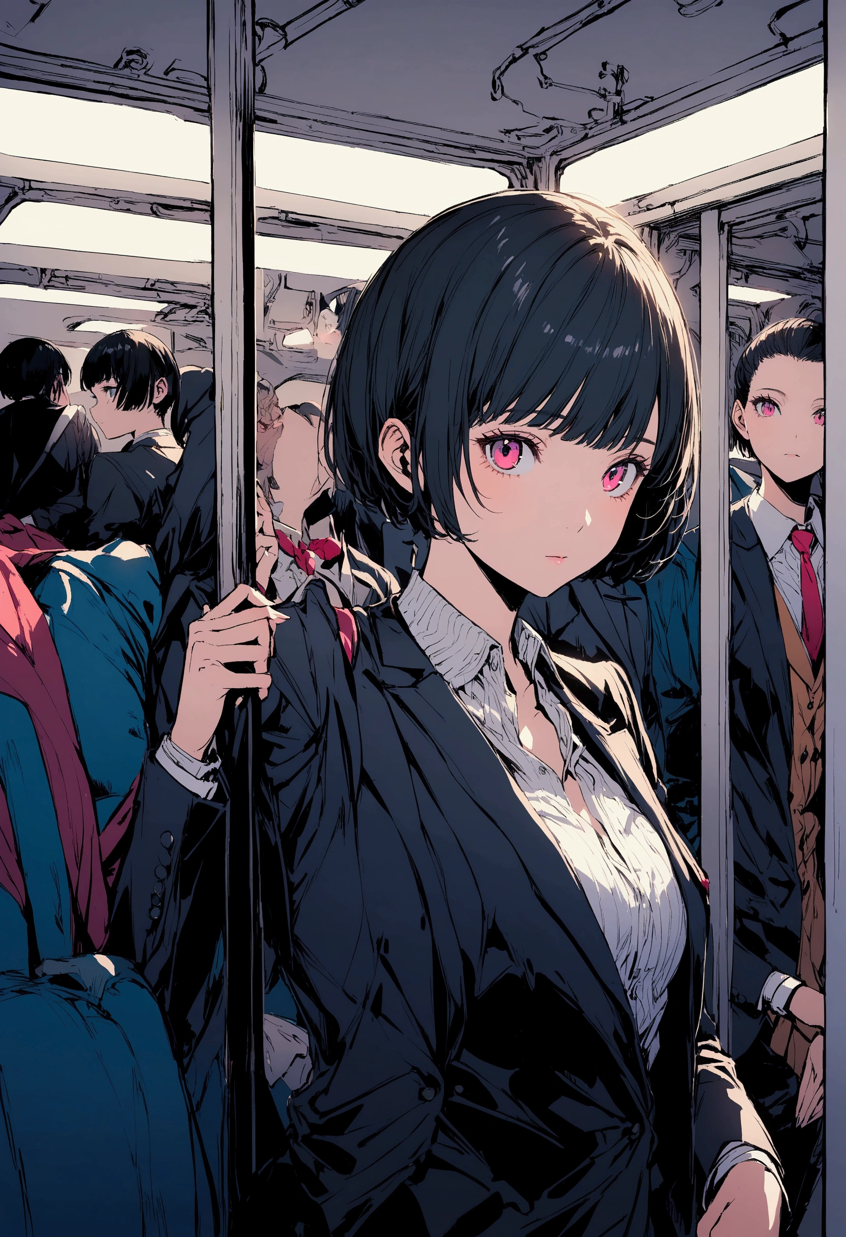 slender,young girl,pixie cut,black hair,suit