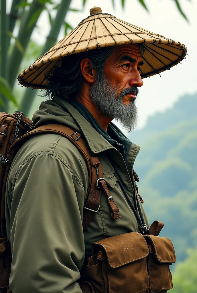 Profile, Wanderer, Japanese, history, half body, 2D, human art, middle age, background, adventure, equipment, bamboo hat,