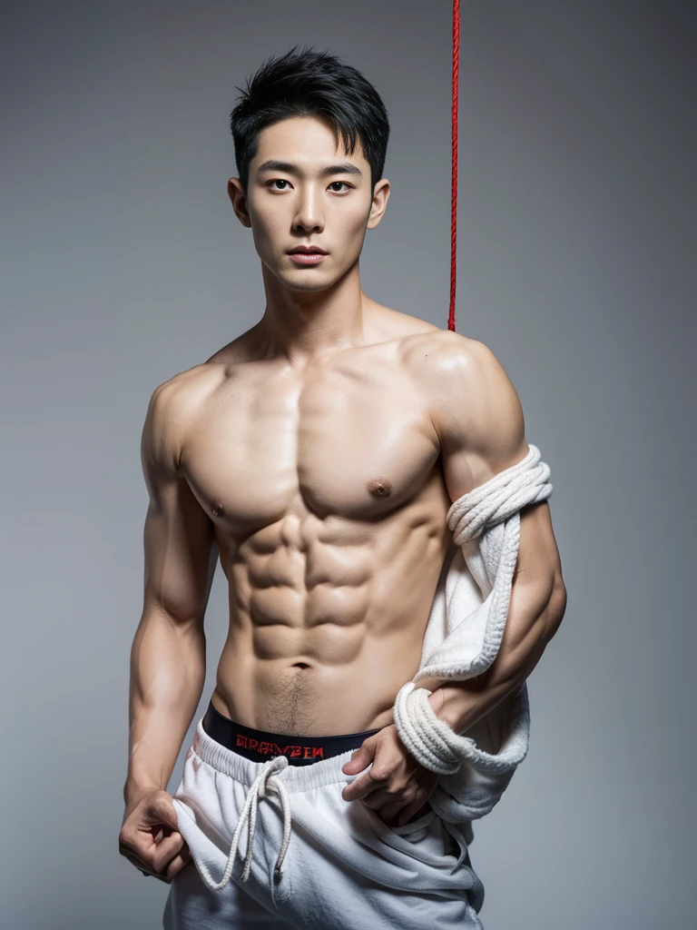 Chinese male actor in a micro thongs, handsome Chinese guy, handsome man, Full Body Shoot, photoshoot, portrait, look at camera, detailed facial parts, lifted arms, Manly, Charmer, Active Boy, standing, top tied up with rope, rope bondage, strangled with rope, harness, wrapped in leather straps, anguished expression, perfect anatomy, symmetric body, asian boy 30years old, shirtless :: high detail, asian, a little six packs attractive body, realistic, human skin, Short Hairstyle, handsome chad chin, shirtless, handsome, attractive, slightly muscular man, masculine, sexually attractive, human skin, (eyes contact), Handsome, Attractive, bulge in briefs, The crotch is raised