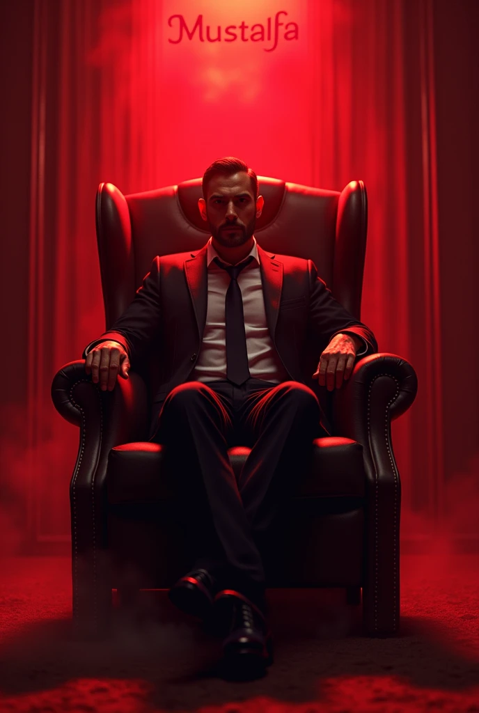 A man sitiing in boss chair ad red lightining in room and in backround named mustafa
