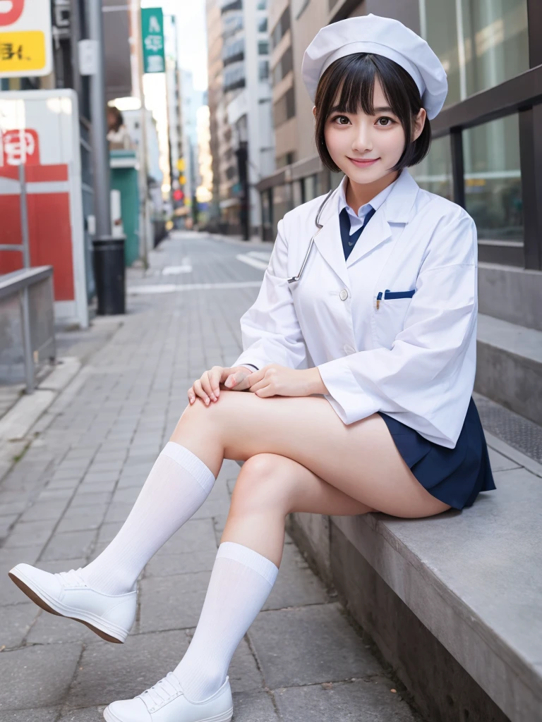 White knee-high socks、White nurse uniform、White pumps、Japanese women、whole body、Black Hair、short hair、Standing posture、smile、One girl, High resolution, Gaze, Anatomically correct, Highest quality、20-year-old