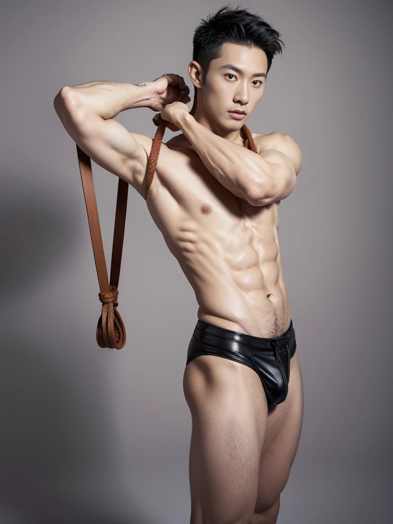 Chinese male actor in a micro thongs, handsome Chinese guy, handsome man, Full Body Shoot, photoshoot, portrait, look at camera, detailed facial parts, lifted arms, Manly, Charmer, Active Boy, standing, top tied up with rope, rope bondage, strangled with rope, harness, wrapped in leather straps, anguished expression, perfect anatomy, symmetric body, asian boy 30years old, shirtless :: high detail, asian, a little six packs attractive body, realistic, human skin, Short Hairstyle, handsome chad chin, shirtless, handsome, attractive, slightly muscular man, masculine, sexually attractive, human skin, (eyes contact), Handsome, Attractive, bulge in briefs, The crotch is raised