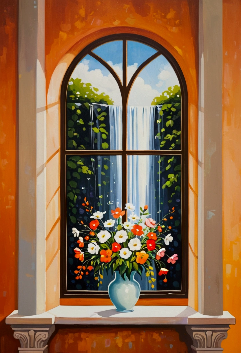 A painting:Flowers on the window - Flower waterfall, (((Negative Space:2)))