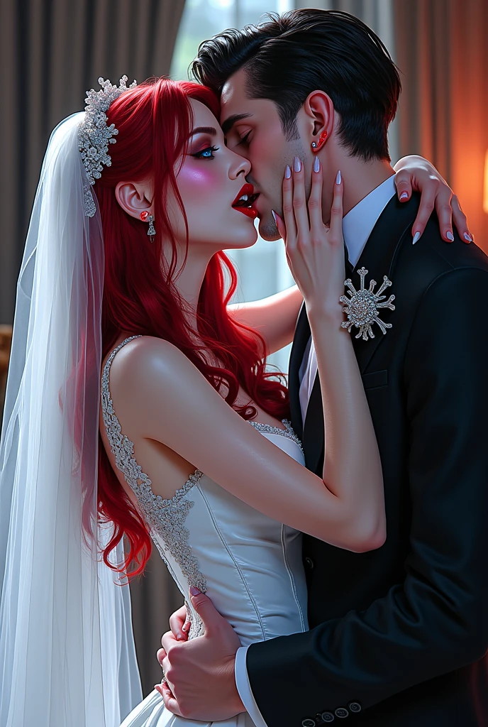 a anime comic picture of a ((vampire bride: 1.5)), biting her groom, a female vampire bride,  female vampire in a white leather wedding dress, (goth wedding dress: 1.4), with bloody gown, best detailed face,  blood on face, ((vampire fangs: 1.5)) ultra feminine, pale skin, red haired, long hair, wedding hair cut style, blue eyes, ((blue glowing eyes: 1.3)), wearing (white leather wedding dress: 1.4) bloody gown, (wearing white high heels: 1.4), in the honeymoon suite, biting the the groom, bloody face, BREAK a beautiful human man, ultra detailed face (best details, Masterpiece, best quality: 1.4), wearing a wedding tuxedo, honeymoon suite background, vibrant, Ultra-high resolution, High Contrast, (masterpiece:1.5), highest quality, Best aesthetics), best details, best quality, highres, 16k, [ultra detailed], masterpiece, best quality, (extremely detailed)