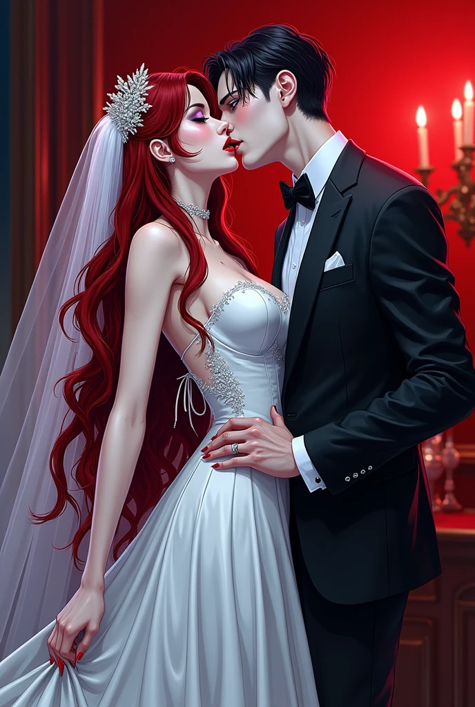 a anime comic picture of a ((vampire bride: 1.5)), biting her groom, a female vampire bride,  female vampire in a white leather wedding dress, (goth wedding dress: 1.4), with bloody gown, best detailed face,  blood on face, ((vampire fangs: 1.5)) ultra feminine, pale skin, red haired, long hair, wedding hair cut style, blue eyes, ((blue glowing eyes: 1.3)), wearing (white leather wedding dress: 1.4) bloody gown, (wearing white high heels: 1.4), in the honeymoon suite, biting the the groom, bloody face, BREAK a beautiful human man, ultra detailed face (best details, Masterpiece, best quality: 1.4), wearing a wedding tuxedo, honeymoon suite background, vibrant, Ultra-high resolution, High Contrast, (masterpiece:1.5), highest quality, Best aesthetics), best details, best quality, highres, 16k, [ultra detailed], masterpiece, best quality, (extremely detailed)