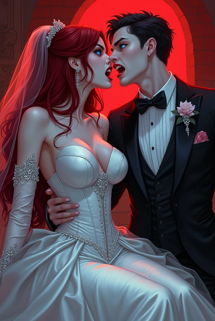 a anime comic picture of a ((vampire bride: 1.5)), biting her groom, a female vampire bride,  female vampire in a white leather wedding dress, (goth wedding dress: 1.4), with bloody gown, best detailed face,  blood on face, ((vampire fangs: 1.5)) ultra feminine, pale skin, red haired, long hair, wedding hair cut style, blue eyes, ((blue glowing eyes: 1.3)), wearing (white leather wedding dress: 1.4) bloody gown, (wearing white high heels: 1.4), in the honeymoon suite, biting the the groom, bloody face, BREAK a beautiful human man, ultra detailed face (best details, Masterpiece, best quality: 1.4), wearing a wedding tuxedo, honeymoon suite background, vibrant, Ultra-high resolution, High Contrast, (masterpiece:1.5), highest quality, Best aesthetics), best details, best quality, highres, 16k, [ultra detailed], masterpiece, best quality, (extremely detailed)