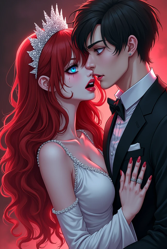 a anime comic picture of a ((vampire bride: 1.5)), biting her groom, a female vampire bride,  female vampire in a white leather wedding dress, (goth wedding dress: 1.4), with bloody gown, best detailed face,  blood on face, ((vampire fangs: 1.5)) ultra feminine, pale skin, red haired, long hair, wedding hair cut style, blue eyes, ((blue glowing eyes: 1.3)), wearing (white leather wedding dress: 1.4) bloody gown, (wearing white high heels: 1.4), in the honeymoon suite, biting the the groom, bloody face, BREAK a beautiful human man, ultra detailed face (best details, Masterpiece, best quality: 1.4), wearing a wedding tuxedo, honeymoon suite background, vibrant, Ultra-high resolution, High Contrast, (masterpiece:1.5), highest quality, Best aesthetics), best details, best quality, highres, 16k, [ultra detailed], masterpiece, best quality, (extremely detailed)