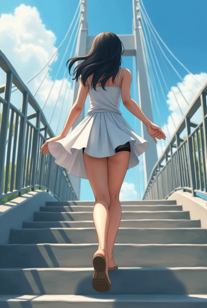 High resolution, pedestrian bridge steps, woman in white pleated skirt, strong wind, skirt flying high, black small panties exposed, back view, looking back with surprised expression, running up the stairs, view from below