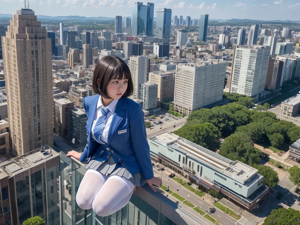 超Giant女子アート, Surreal school girl, 非常に詳細な超Giantショット, Giant, short hair, White Pantyhose, A gigantic female high school student towers high into the sky, looking down on us.、Much larger than a skyscraper, Very detailed depiction, Light blue blazer, Grey tie, Blue mini skirt, White Pantyhose, very small metropolis, Miniature metropolis, 足元までの高さしかないMiniature metropolisで, A gigantic high school girl squats down and destroys a building, Full body description, Hmph, Giga Giants, Terra Giants, White Pantyhose, Pantyhose legs, Pantyhose Legs, ,Stomping City,Crush City,Small Town,Micro City, Ability to clone, 10 people, increase, 超Giantな女子高生がたくさん