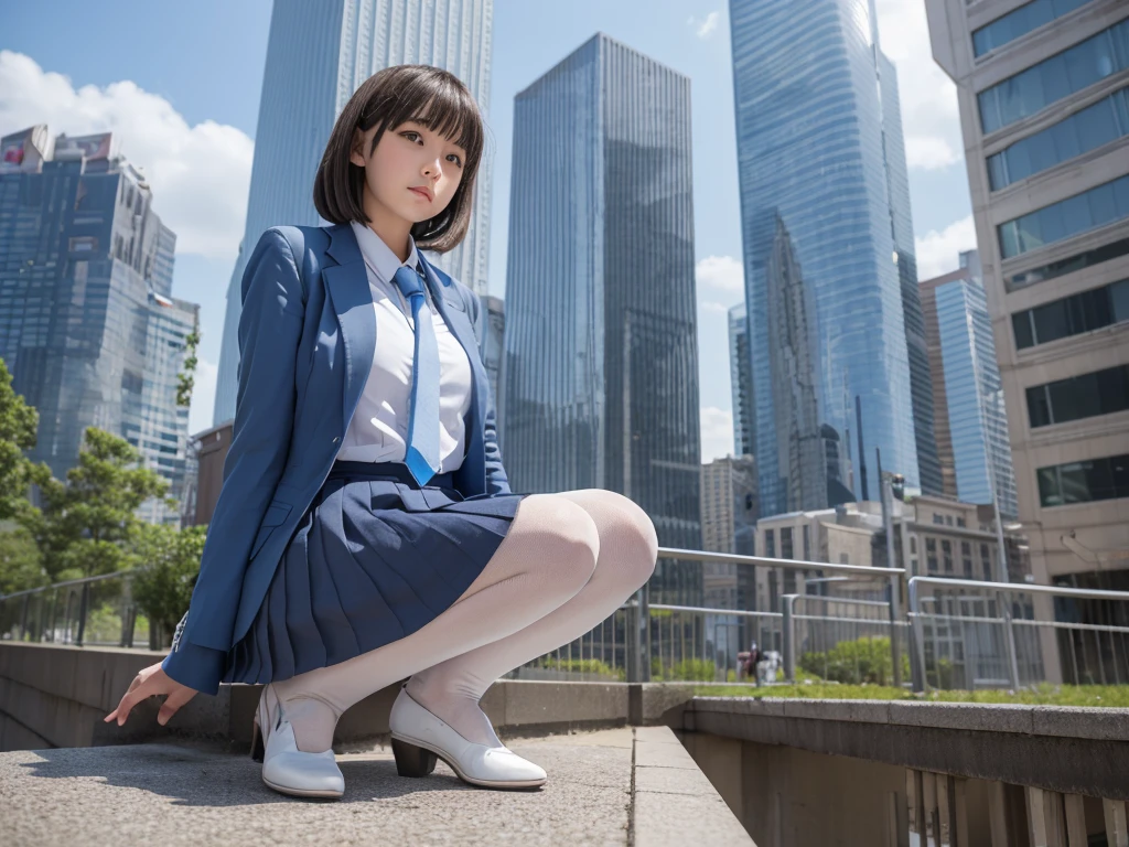 超Giant女子アート, Surreal school girl, 非常に詳細な超Giantショット, Giant, short hair, White Pantyhose, A gigantic female high school student towers high into the sky, looking down on us.、Much larger than a skyscraper, Very detailed depiction, Light blue blazer, Grey tie, Blue mini skirt, White Pantyhose, very small metropolis, Miniature metropolis, 足元までの高さしかないMiniature metropolisで, A gigantic high school girl squats down and destroys a building, Full body description, Hmph, Giga Giants, Terra Giants, White Pantyhose, Pantyhose legs, Pantyhose Legs, ,Stomping City,Crush City,Small Town,Micro City, Ability to clone, 10 people, increase, 超Giantな女子高生がたくさん