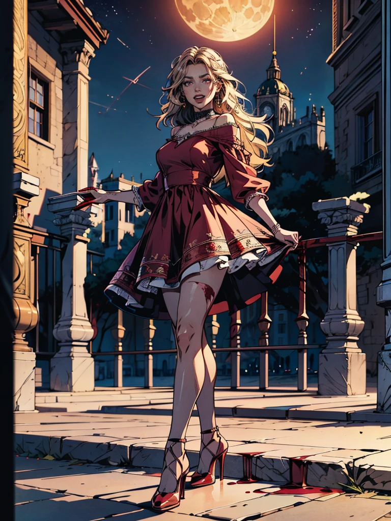 fantasy art, RPG art, photograph, RAW, (Ultra detailed: 1.5), Best Detailed, picture of a female vampire standing in St. Peter in the Vatican, an exquisute beautiful female vampire, full body, (best detailed face: 1.2), (grey skin: 1.2), red lips, (vampiric fangs1:1) (blood veins visible: 1.3), ultra feminie, blond hair, long hair, rich, flowing hair,wavy hair, red glowing eyes, wearing short dress, silk dress, intricate detaled dress, high heels, standing in St. Peter square in Vatican city, at night, full moon, stars in the sky, St. Peter square background, best quality, (extremely detailed), ultra wide shot, photorealism, depth of field, hyper realistic, 2.5 rendering,