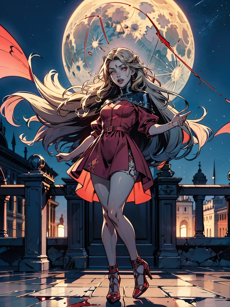 fantasy art, RPG art, photograph, RAW, (Ultra detailed: 1.5), Best Detailed, picture of a female vampire standing in St. Peter in the Vatican, an exquisute beautiful female vampire, full body, (best detailed face: 1.2), (grey skin: 1.2), red lips, (vampiric fangs1:1) (blood veins visible: 1.3), ultra feminie, blond hair, long hair, rich, flowing hair,wavy hair, red glowing eyes, wearing short dress, silk dress, intricate detaled dress, high heels, standing in St. Peter square in Vatican city, at night, full moon, stars in the sky, St. Peter square background, best quality, (extremely detailed), ultra wide shot, photorealism, depth of field, hyper realistic, 2.5 rendering,