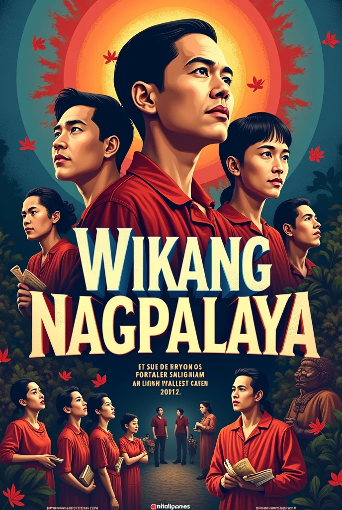 *:

### 1. **Title**
- **Wikang Nagpalaya**
  - Gamitin ang malalaki at nakaka-engganyong font para sa pamagat upang ito ay agad makuha ang atensyon ng mga tao.

### 2. **Color Scheme**
- **National Colors**: Pumili ng mga kulay na kumakatawan sa bandila ng Pilipinas: 
  - Pula (para sa dangal at katapangan)
  - Asul (para sa kapayapaan)
  - Puting (para sa kaliwanagan at kalinisan)

### 3. **Imagery**
- **National Symbols**:
  - Maglagay ng mga simbolo ng kalayaan, tulad ng bandila ng Pilipinas, mga larawan ng mga bayaning Pilipino (e.g., Jose Rizal, Andres Bonifacio)
  
- **Cultural Elements**:
  - Mag-insert ng mga elemento ng lokal na kultura, gaya ng mga lumang aklat, katutubong sining, o mga tao na nakasuot ng tradisyunal na kasuotan.

#SIMPLE POSTER
: