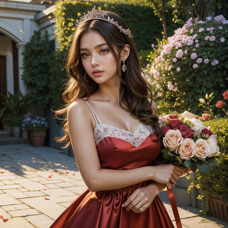 (masterpiece, best quality:1.5), highest quality, High resolution, super detailed, Realists, Upper body photo of a 22 year old brunette flower girl, detailed and beautiful eyes, beautiful detailed lips, very detailed eyes and face, longeyelashes, 22-year-old woman in a red short dress made of shiny satin fabric, Beautiful and colorful makeup, elegant and noble々Pose,shiny satin headband, grind, Holding flowers, Gardens as background, soft daylight, bright colors, fine brushstrokes, Portrait style, Noble details in the dress fabric, beautiful color palette, glowing skin, First-class rendering, that captures every detail, enchanting atmosphere, subtle shadows and lights, (perfect anatomy:1.2), (The stunning 22-year-old flower girl carries a basket of rose petals. Looks surprised (magnificent panorama view:1.2)