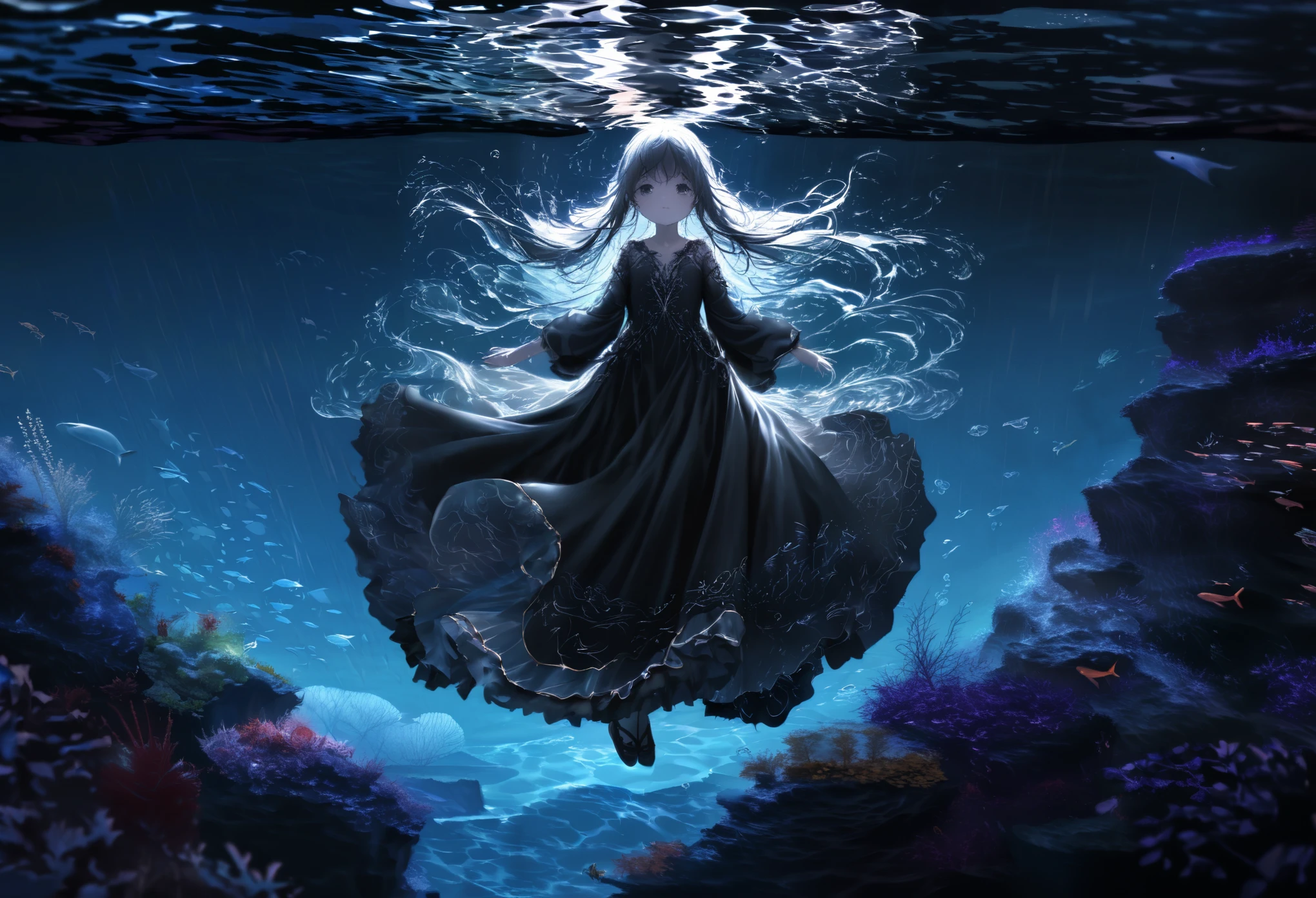 (full body), (solo), (A 7--old l:1.2), (very young l loli, (Solo), (small breast), (wide angle), raw photo, Aesthetic, Convoluted, Awarded, chiaroscuro, Best Quality, Detailed background, (underwater atmosphere:1.2), (underwater photo, floating drowning:1.1), ((Girl in very long black dress:1.2)), (very wet dress:1.1), detailxl, As the tempest rages overhead, the world is painted in a monochrome dance of silver and darkness, the rain a relentless symphony of nature's power. Amidst this deluge, a young girl emerges, her silhouette a stark contrast to the storm's fury. She is adorned in a black sheer transparent long skirt, a garment that whispers of mystery and allure.
Submerged in the water, the skirt takes on a life of its own, a dark, flowing silhouette that moves with the grace and fluidity of the deep. The black fabric, once a stark contrast to the world above, now becomes a part of the underwater realm, its transparency allowing the subtle play of light to filter through, casting shadows and highlights that dance around the girl.
The skirt's transparency allows the water to become a second layer of the garment, the fabric clinging to her form like a second skin, revealing and concealing in equal measure. The darkness of the fabric contrasts with the clarity of the water, creating a visual illusion of depth and dimension that adds to the skirt's allure.
As the skirt moves with the water, it creates a sense of motion and flow, the fabric rippling and swirling around her like a dark current. The hem of the skirt sways gently, brushing against the underwater terrain, leaving a trail of disturbed sediment in its wake, a testament to the skirt's passage through the depths.
The black sheer fabric is adorned with subtle details that become more pronounced underwater. Perhaps there are delicate patterns or embroidery that shimmer in the refracted light, adding a touch of elegance and sophistication to the skirt. These details are like hidden treas