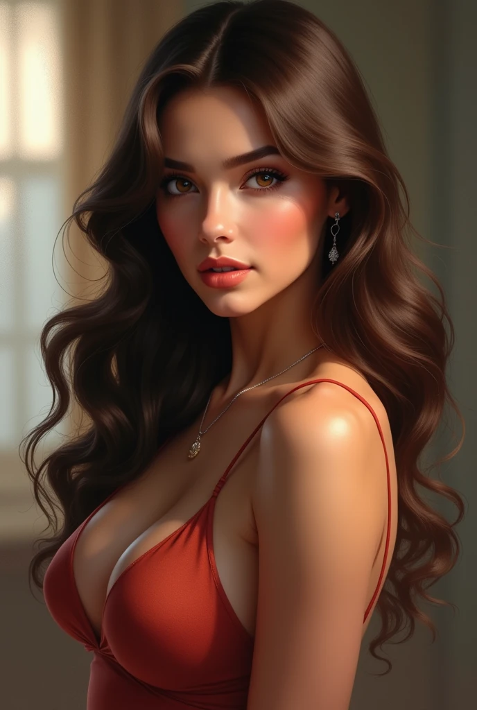 Woman (realistic) (perfect body 1:1) (long hair) (middle upper and lower lips) (Brunetette) Medium breasts 1:1 (well dressed in 90's fashion) (eyes browns)
