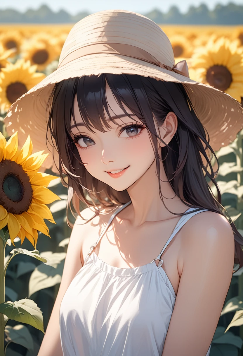 (masterpiece:1.5),(Beat quality),(high res),1girl solo,beautiful face,smile,upper body,summer clothes women,Sunflower field