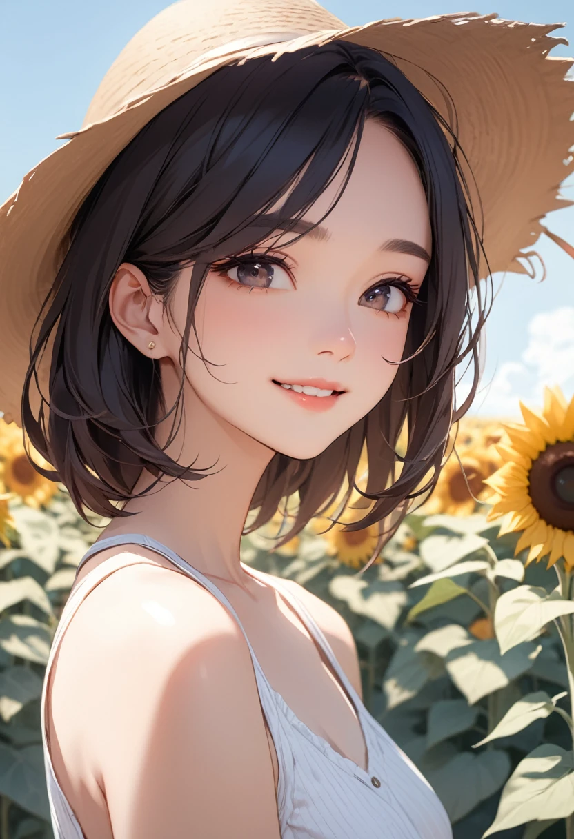 (masterpiece:1.5),(Beat quality),(high res),1girl solo,beautiful face,smile,upper body,summer clothes women,Sunflower field