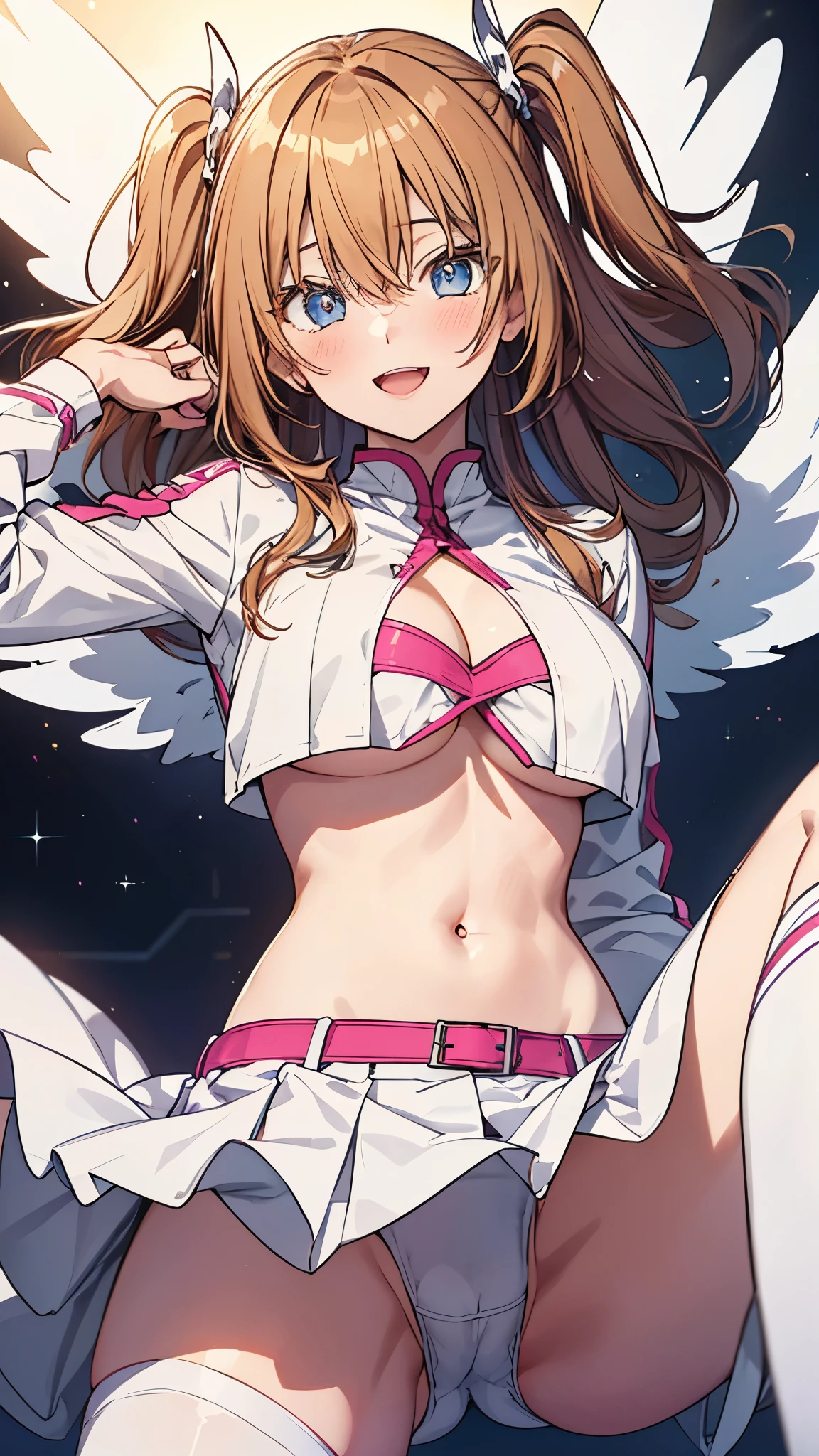 Liliel,blue eyes,light brown hair,long hair,two side up,large breasts,slender,(white crop top),cleavage,(underboob),midriff,navel,(white mini skirt),thighs,Angel Wings,smile,(upper body:1.3),open mouth,blush,(spread legs:1.3),(legs up),(cameltoe:1.3),
masterpiece,Noise Reduction,perfect anatomy,high resolution, ultra-detailed, ultra-detailed face,game cg,dutch angle ,beautiful detailed eyes,visualart,five fingers, perfect hands, perfect lighting, sparkling pupils,