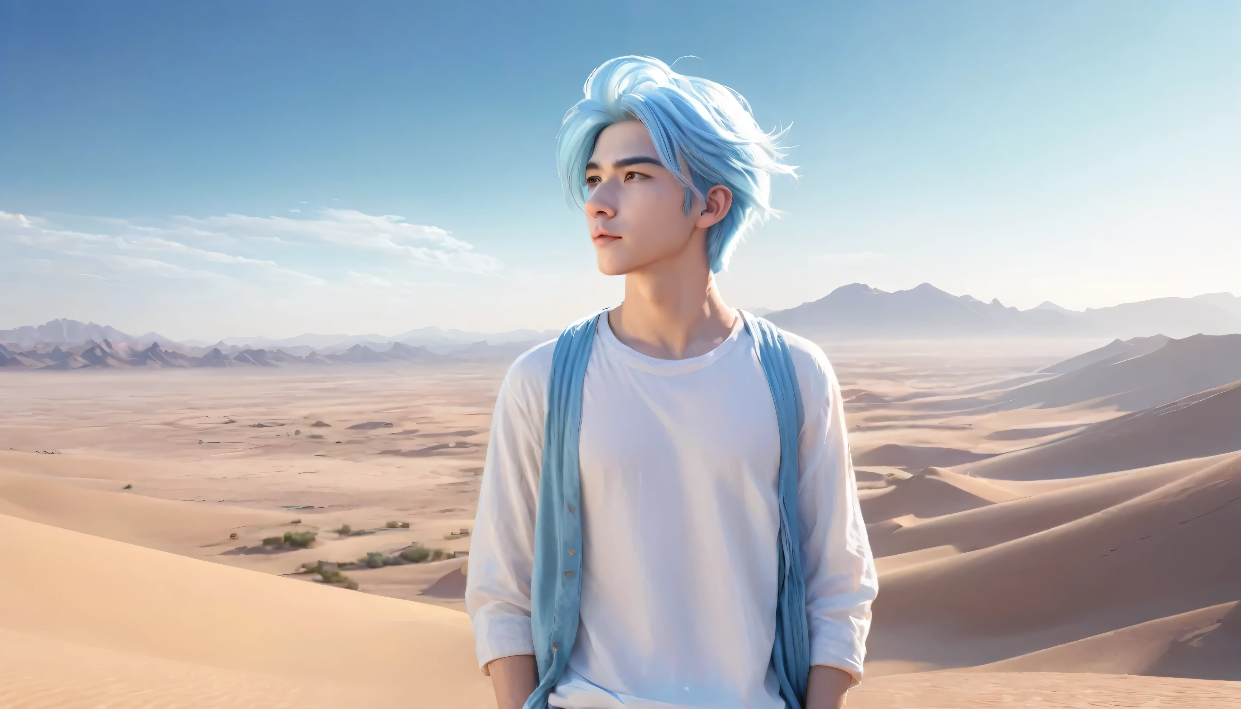 Beautifully drawn, high quality, Ultra-high-definition CG illustration of a young man with a calm expression, While staring into the distance、Her striking light blue hair sways gently in the desert breeze.. The view behind him is vast and breathtakingly beautiful., Immerse your audience in a world of wonder and exploration.