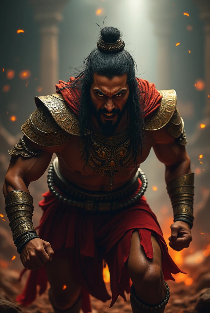Akshay Kumar as Ashwatthama. Dark background .Mythologiacal environment. In action and anger