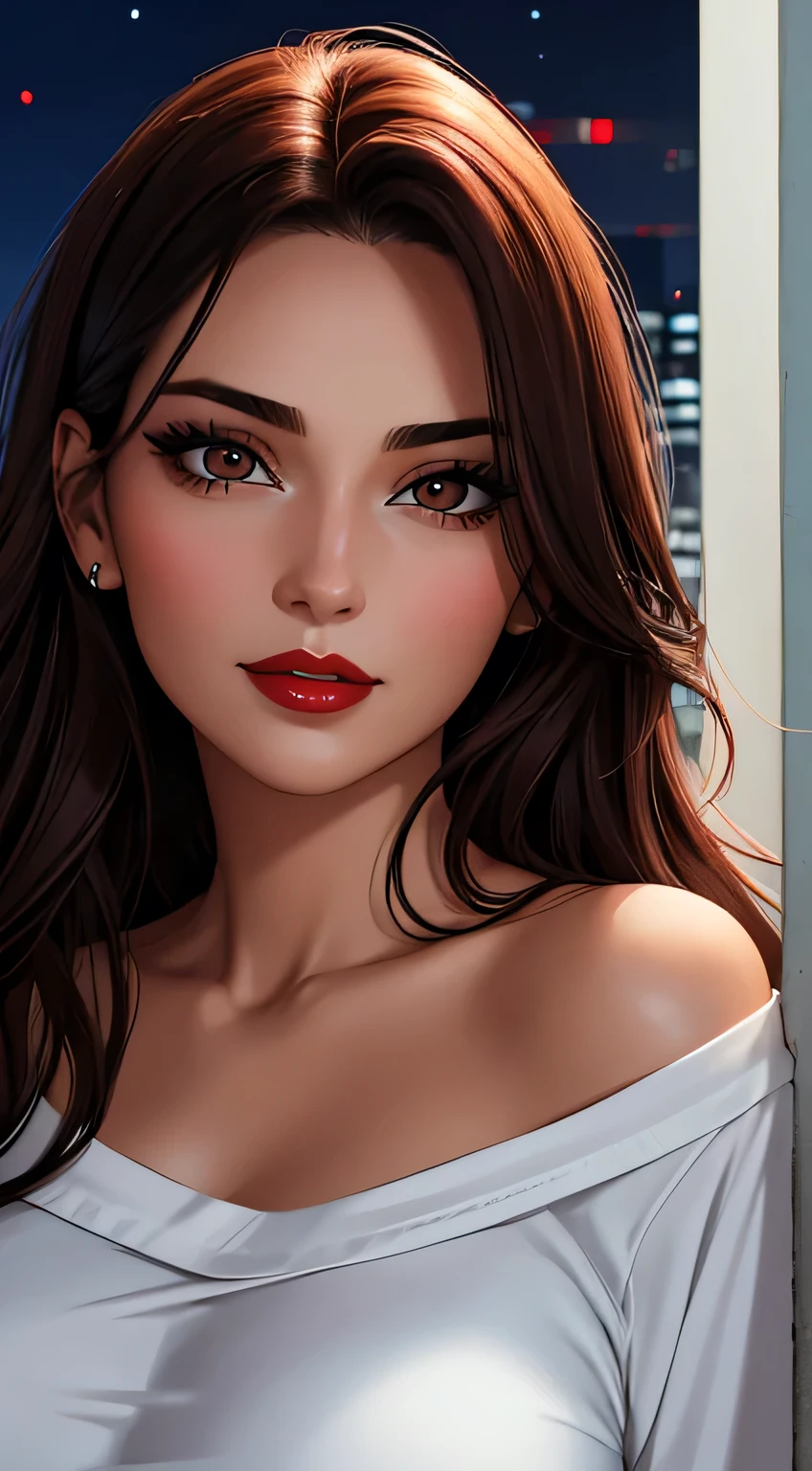 Amazing portrait of a woman who is 30 years old and an adult and a sexy woman wearing an off shoulder oversized t shirt during night time with soft lighting showcasing her red lips and her beautiful face in detail and close up
