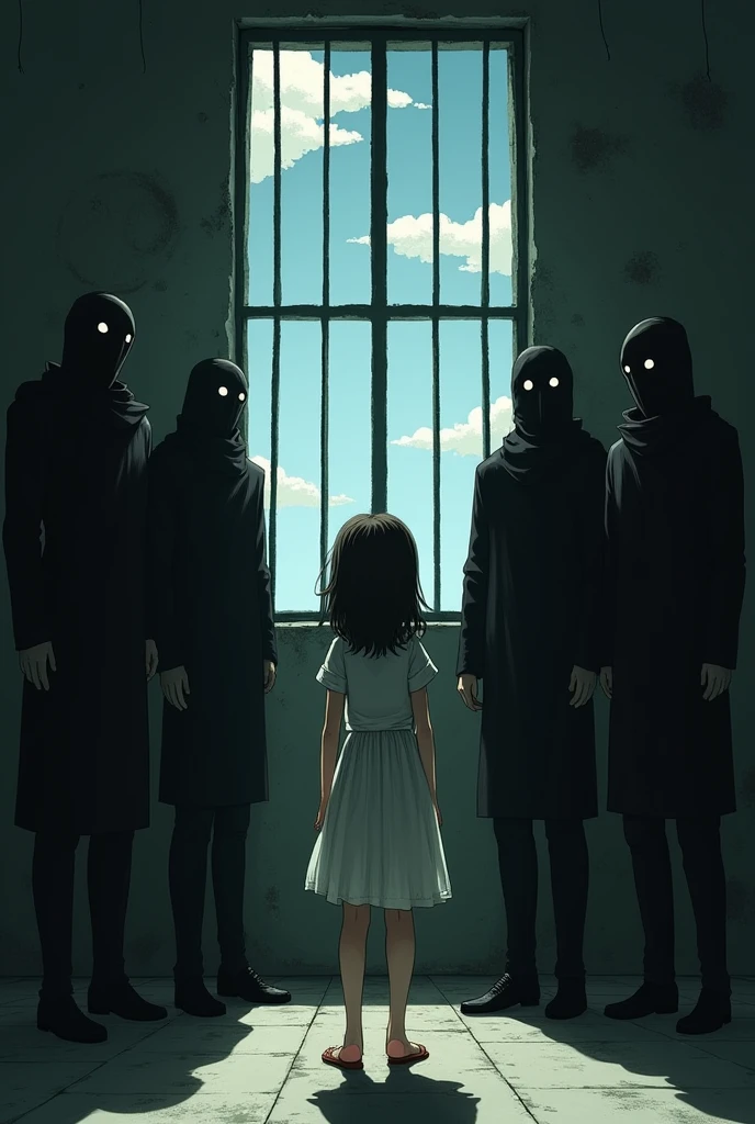 (((Petite fille qui regarde le ciel par une fenêtre de prison) se tenant debout devant 5 hommes déguisé ) dans une pièce glauque)