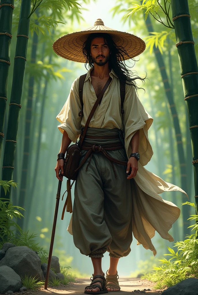 Profile, Wanderer, Japanese, history, half body, 2D, human art, background, adventure, equipment, bamboo hat, cloak
