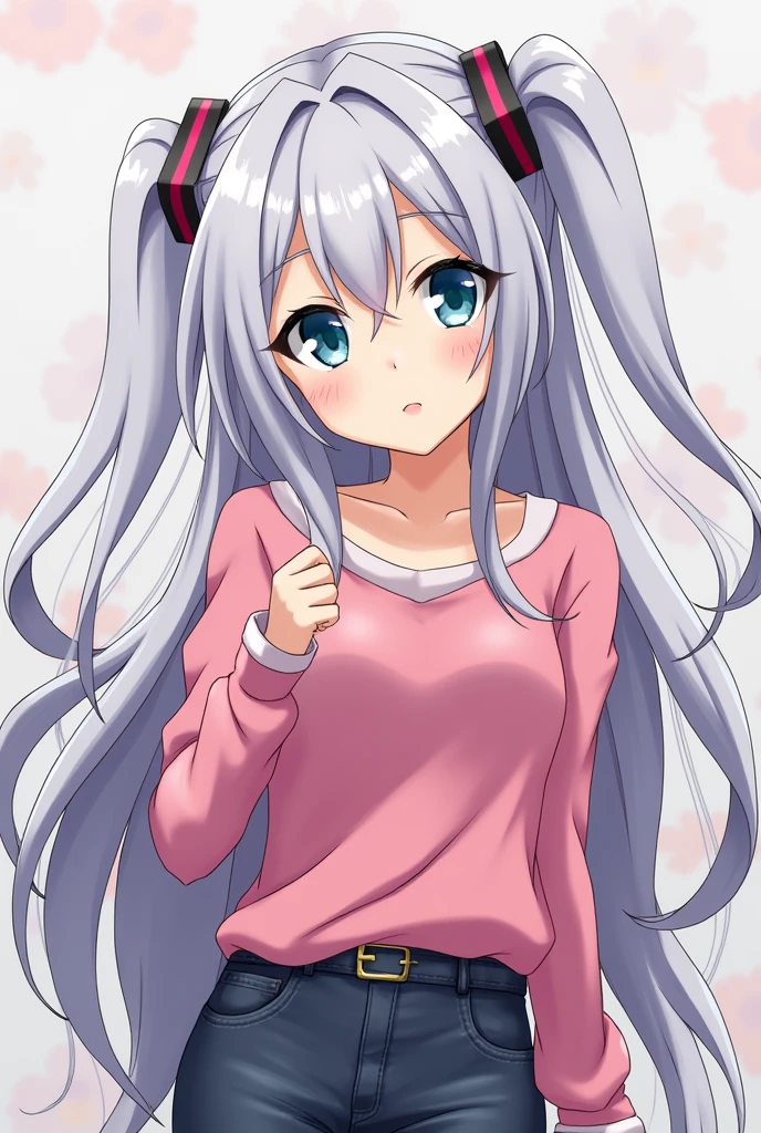 She is cosplaying as Elizabeth from the anime The Seven Deadly Sins.、Hair color is silver、Blue Eyes、Please wear pink clothes that emphasize the bust and dark jeans that are quite short.。Please generate an image that shows the whole body and resembles the real model, Rika Izumi。2Don't make it D。