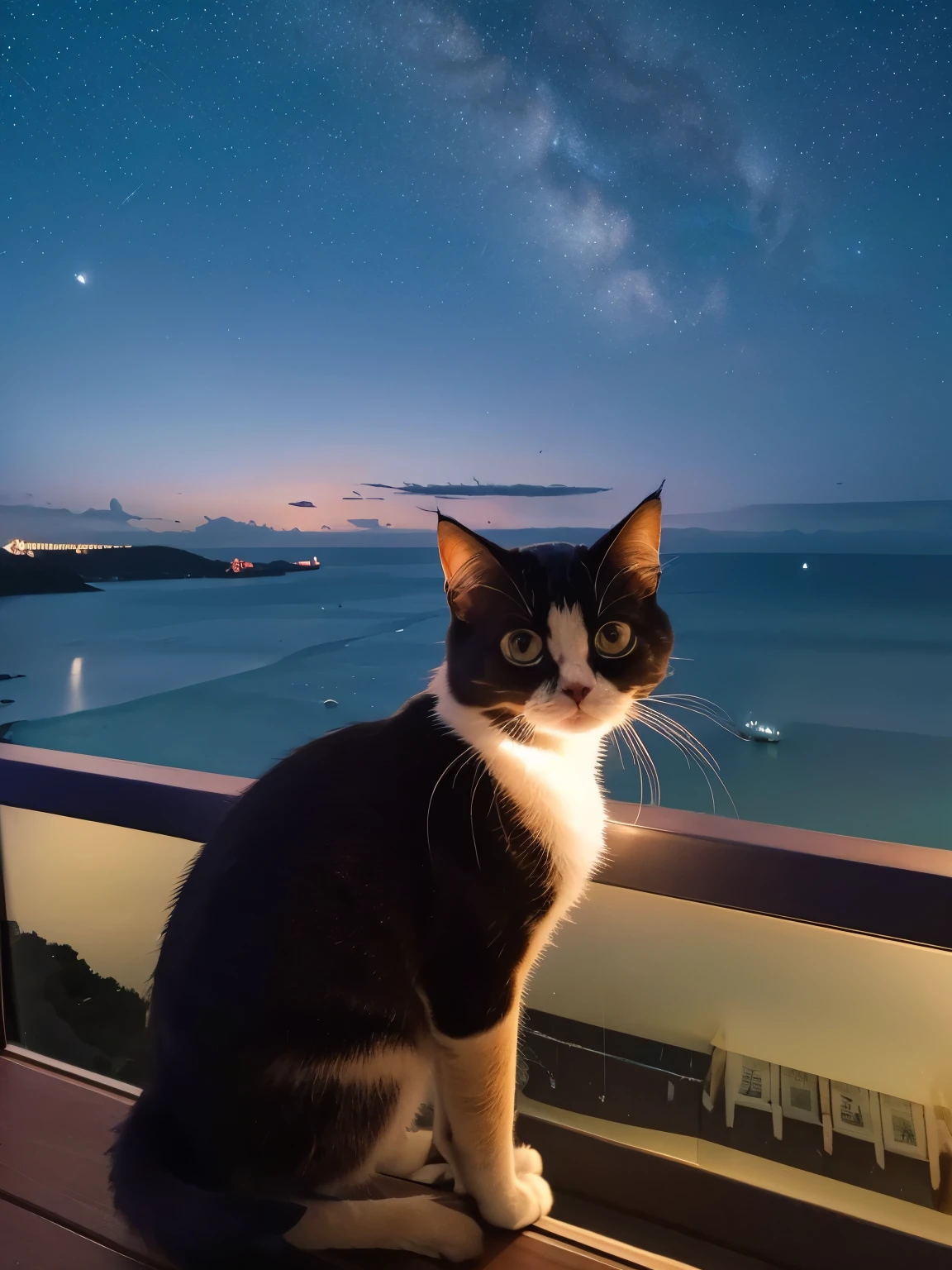 Kitten looking at the view from the roof、Summer beach、Beautiful sea、night、Starry Sky
