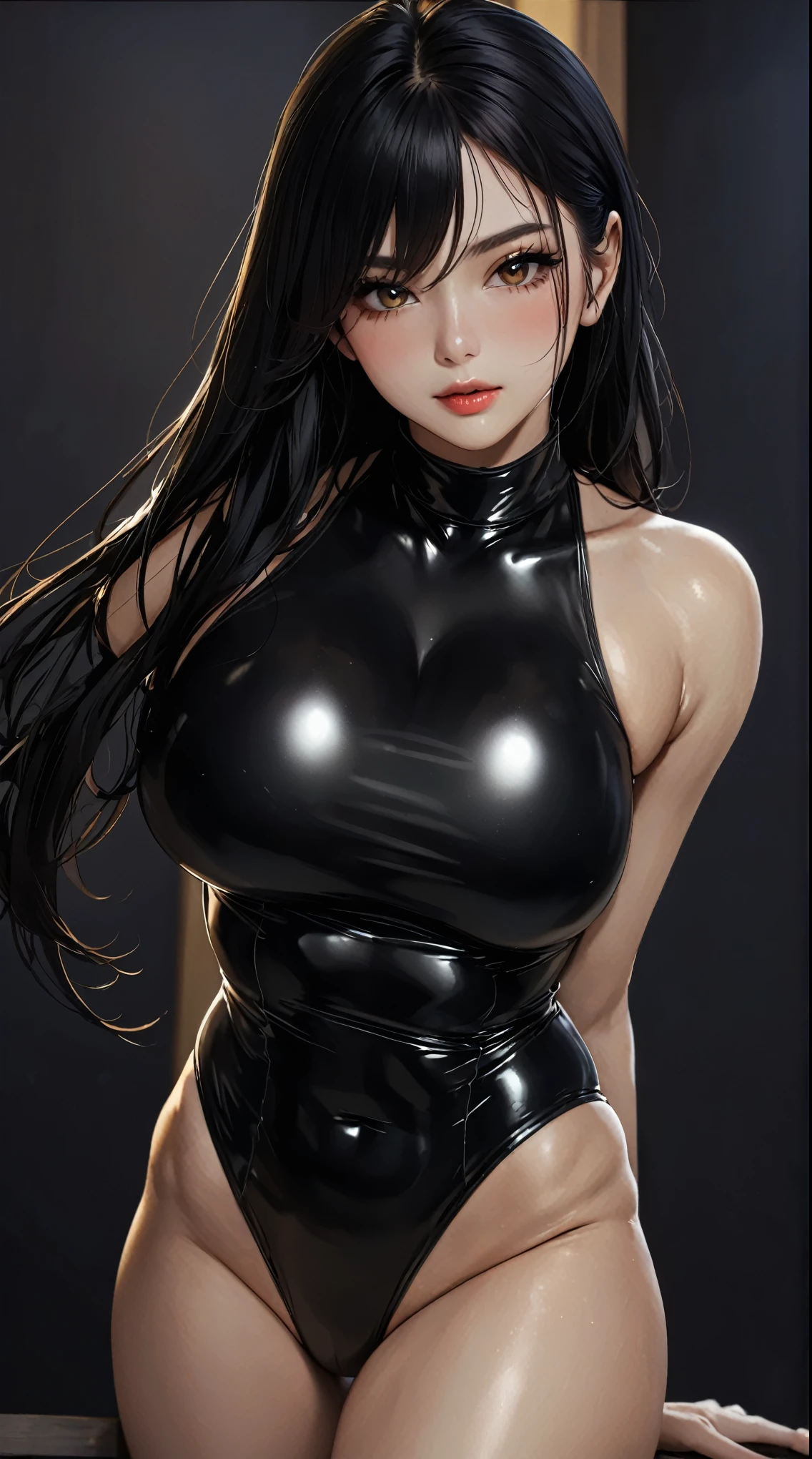 (Hiperreal)、skin completely covered by clothing, high detail, Perfect body with golden ratio, wearing (tight shirt:1.2), beautiful detailed face, hazel eyes, (attractive fitness woman:1.3), (seductive:1.1), (blushing:1.1), hourglass body shape, complete shiny black latex top model swimsuit one piece just neck, big round breasts