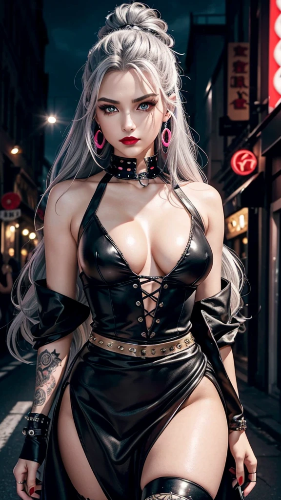 highest quality, masterpiece,Gray Hair, Silver Hair、Golden Eyes,gothic punk costume、look up, Upper Body,Hair bundle,Fair skin,(Realism:1.5、Realistic、Photorealistic)、black、Earrings、amount、Gothic Skirt、Goth_punk, One Woman、solo, ((Midnight、Neon Town)), Look at the viewers, Cute face、Portraiture, Side Lock、masterpiece、highest quality、Highest quality、Highest Resolution、Super detailed、Ultra-compact、Realistic textured face and body、Smaller breasts:1.3、Small waist、Deep red lipstick、Swollen eyes、Red eyeshadow、Dynamic Pose、Degrees of Freedom:1.8