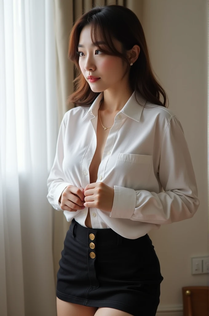 3 Korean  shows pussy, masturbation, squeezing , wears black short skirt boobs-out, ((white (shirt  out of shirt button) )), masturbation, little brother breastfeeding her