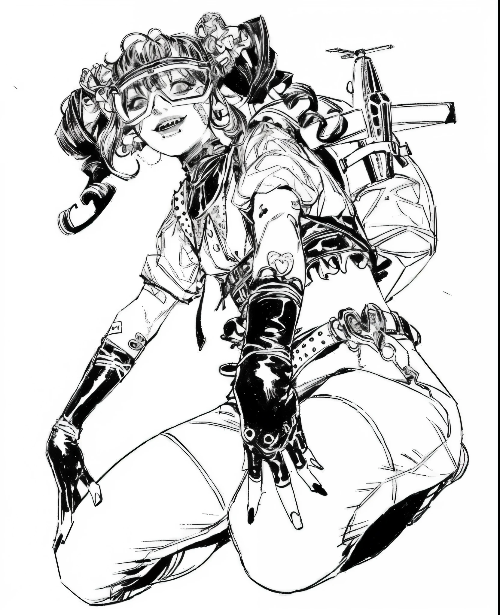 A drawing of a woman with a gun and a helmet, 灵感来自Masamune Shirow, inspired by katsuya terada, girl, Otomo Shohei, 《Neuromancer》Molly, Katsuya Terada style, Masamune Shirow的风格, Very detailed and beautiful fan art, author:Masamune Shirow, Like a female mechanic