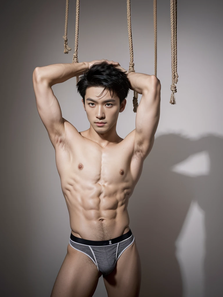 Chinese male actor in a micro thongs, handsome Chinese guy, handsome man, Full Body Shoot, photoshoot, portrait, look at camera, detailed facial parts, lifted arms, Manly, Charmer, Active Boy, standing, top tied up with rope, rope bondage, strangled with rope, harness, wrapped in leather straps, anguished expression, perfect anatomy, symmetric body, asian boy 30years old, shirtless :: high detail, asian, a little six packs attractive body, realistic, human skin, Short Hairstyle, handsome chad chin, shirtless, handsome, attractive, slightly muscular man, masculine, sexually attractive, human skin, (eyes contact), Handsome, Attractive, bulge in briefs, The crotch is raised