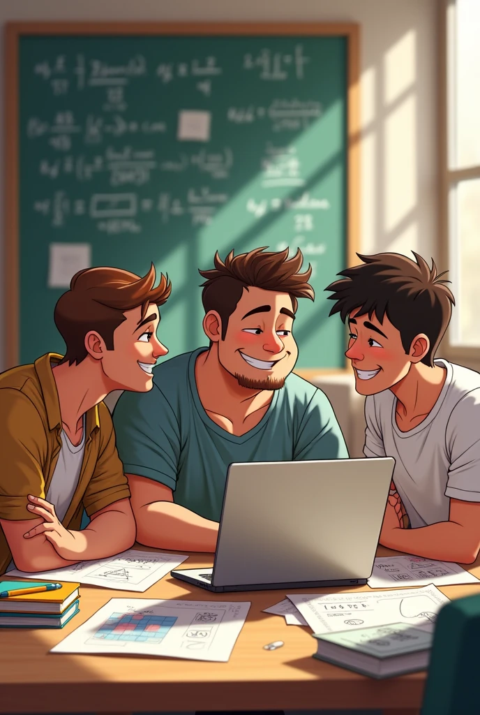 3 friend solving mathematics question on table and they are happy and laugh during study, one friend is on laptop and other two are on paper.
One friend is fatty and other .
Make pictures of three friends . All are male 